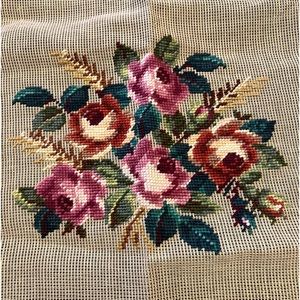 Antique Bucilla Needlepoint Seat Cover Floral Occupied Japan French Wool